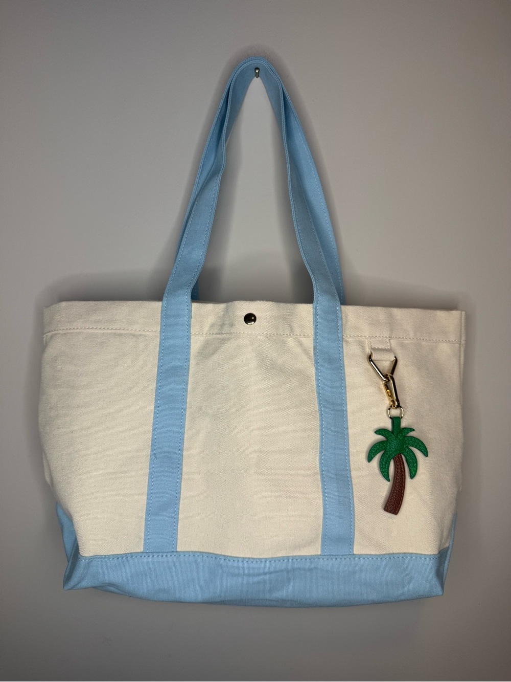 Baublebar Canvas Tote Bag with Light Blue Trim and Palm Charm